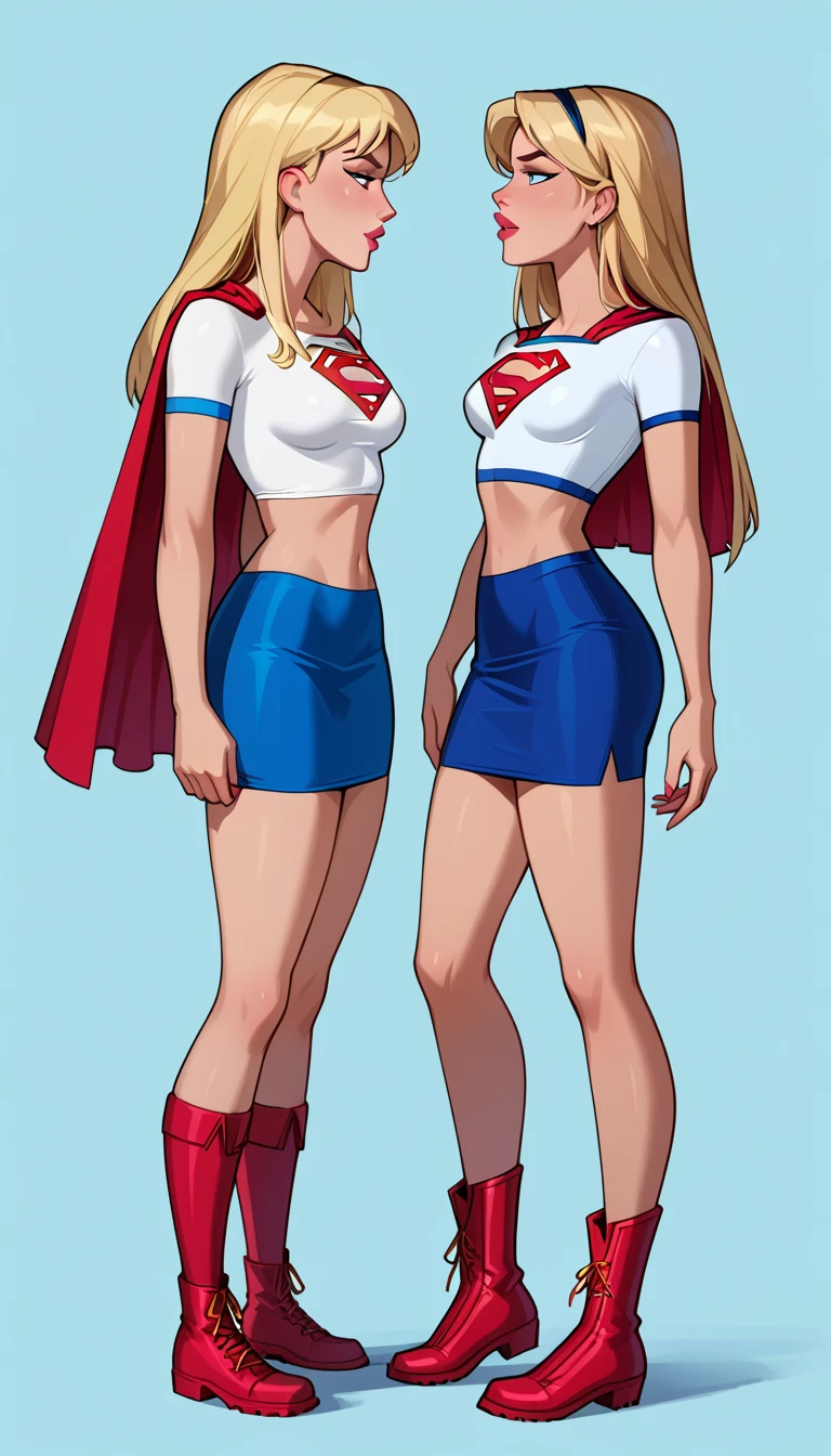 score_9, score_8_up, score_7_up, dcaustyle, source_cartoon, 2girls, duo, couple, yuri, (Supergirl, blonde, tight white tshirt, short sleeves, Supergirl emblem, midriff, blue skirt, tight skirt, short skirt, red cape, short cape, red boots:1.3) and (short hair Gwen Stacy, blonde, colorful highlights, wearing Supergirl costume, tight white tshirt, short sleeves, midriff, Supergirl emblem, blue skirt, tight skirt, short skirt, red cape, short cape, red boots:1.2), flirt, gaze, sexy look, half-closed eyes, filled lips, thick lips, makeup, side view, (full bodies in view), expressiveh d4rk01l, perfect hands, perfect proportions, simple background.