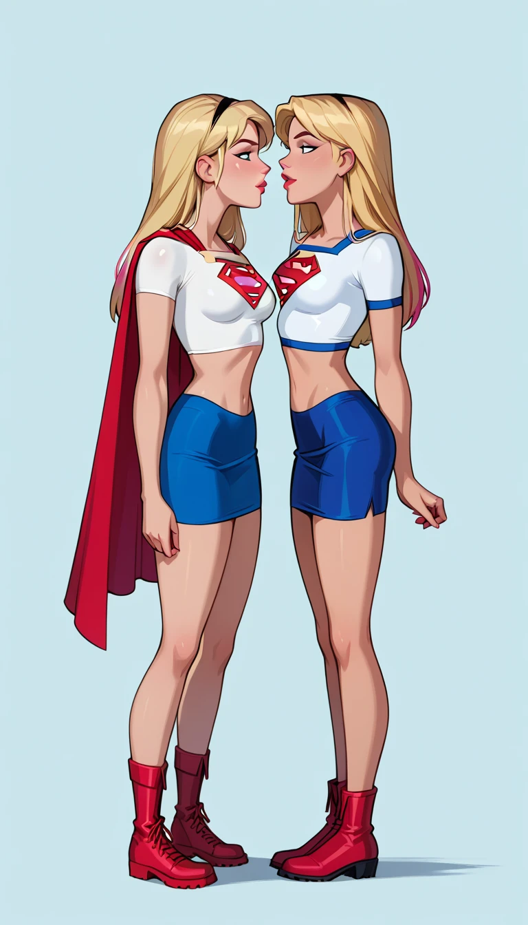 score_9, score_8_up, score_7_up, dcaustyle, source_cartoon, 2girls, duo, couple, yuri, (Supergirl, blonde, tight white tshirt, short sleeves, Supergirl emblem, midriff, blue skirt, tight skirt, short skirt, red cape, short cape, red boots:1.3) and (short hair Gwen Stacy, blonde, colorful highlights, wearing Supergirl costume, tight white tshirt, short sleeves, midriff, Supergirl emblem, blue skirt, tight skirt, short skirt, red cape, short cape, red boots:1.2), flirt, gaze, sexy look, half-closed eyes, filled lips, thick lips, makeup, side view, (full bodies in view), expressiveh d4rk01l, perfect hands, perfect proportions, simple background.