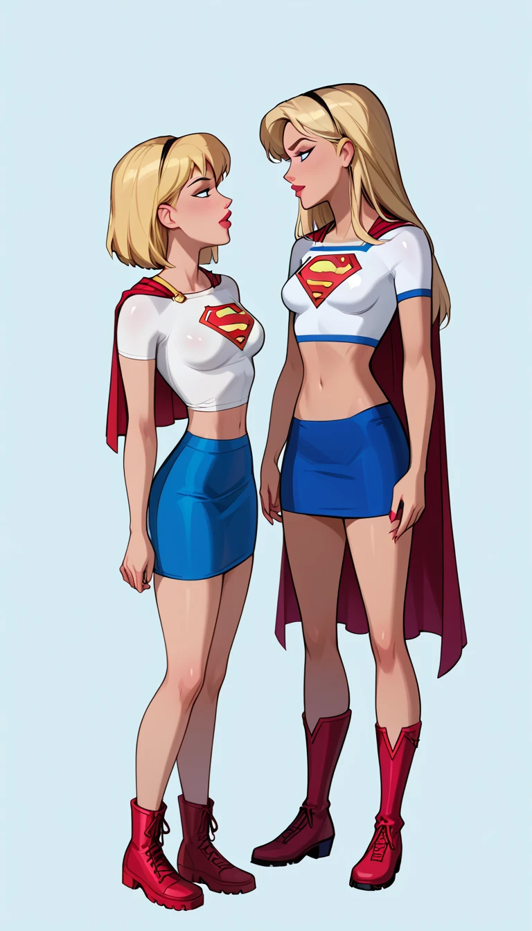 score_9, score_8_up, score_7_up, dcaustyle, source_cartoon, 2girls, duo, couple, yuri, (Supergirl, blonde, tight white tshirt, short sleeves, Supergirl emblem, midriff, blue skirt, tight skirt, short skirt, red cape, short cape, red boots:1.3) and (short hair Gwen Stacy, blonde, colorful highlights, wearing Supergirl costume, tight white tshirt, short sleeves, midriff, Supergirl emblem, blue skirt, tight skirt, short skirt, red cape, short cape, red boots:1.2), flirt, gaze, sexy look, half-closed eyes, filled lips, thick lips, makeup, side view, (full bodies in view), expressiveh d4rk01l, perfect hands, perfect proportions, simple background.