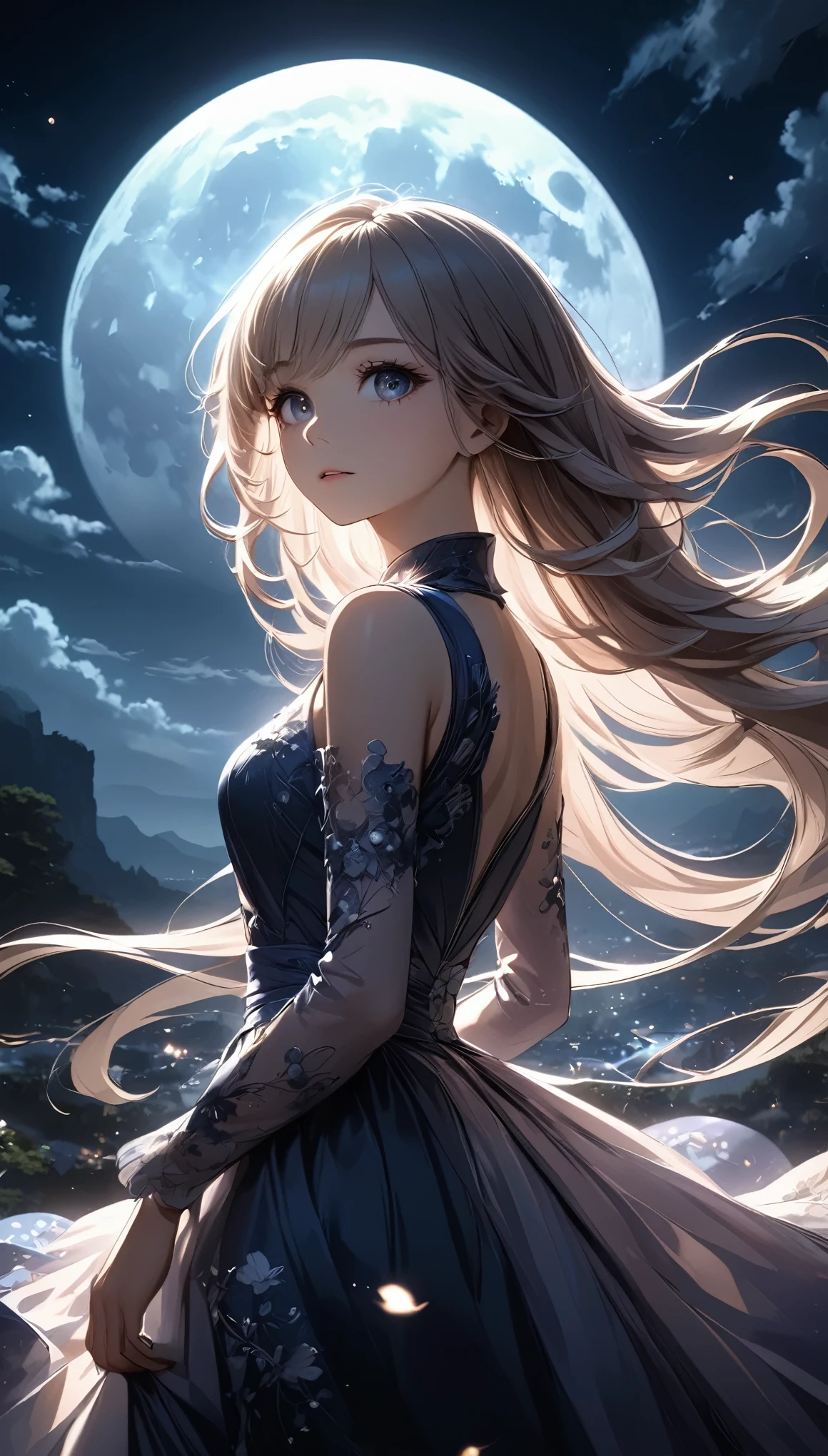 Beautiful girl gazing at the full moon on a moonlit night、Intricate details, Very detailed, Dramatic lighting, Mysteriousな雰囲気, Detailed facial features、Long flowing hair、Elegant Dresses、Moonlight shining on my face、Shining Eyes, An airy, calm atmosphere、Detailed skin texture、Moodyーな月明かりの風景、Dramatic moonlit sky、Shining full moon:1.2、Detailed hair、Mysterious、Whimsical、Fantasy、Cinematic、Fantasy, Dramatic lighting, Chiaroscuro, Dramatic Shadows, Moody, A calming color palette, Chiaroscuro, (Best Quality:1.2, Very detailed, Anime Style, Detailed CG illustration, Ultra-high resolution, High Contrast, masterpiece:1.2, Best aesthetics).