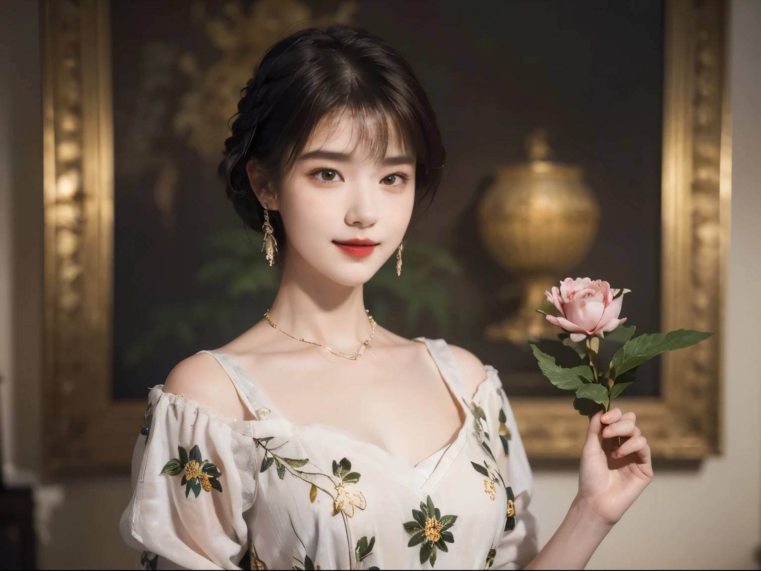 117
(a 20 yo woman,is standing), (A hyper-realistic), (high-level image quality), ((beautiful hairstyle 46)), ((short-hair)), (Gentle smile), (breasted:1.1), (lipsticks), (florals), (Light and Darkness), (rembrandt painting), (Luxurious room)