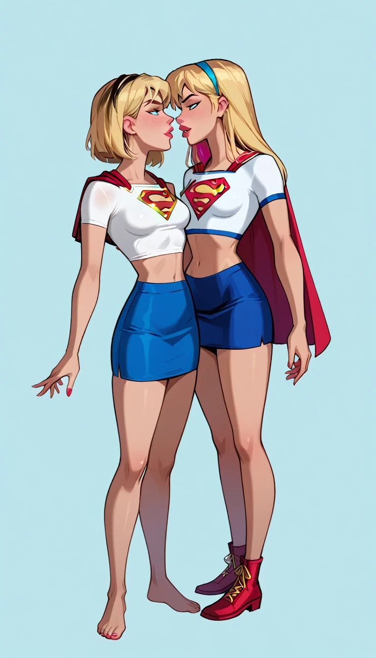 score_9, score_8_up, score_7_up, dcaustyle, source_cartoon, 2girls, duo, couple, yuri, (Supergirl, blonde, tight white tshirt, short sleeves, Supergirl emblem, midriff, blue skirt, tight skirt, short skirt, red cape:1.3) and (short hair Gwen Stacy, blonde, colorful highlights, wearing Supergirl costume, tight white tshirt, short sleeves, midriff, Supergirl emblem, blue skirt, tight skirt, short skirt, red cape:1.4), flirt, gaze, sexy look, half-closed eyes, filled lips, thick lips, makeup, side view, (full bodies in view), expressiveh d4rk01l, perfect hands, perfect proportions, simple background.