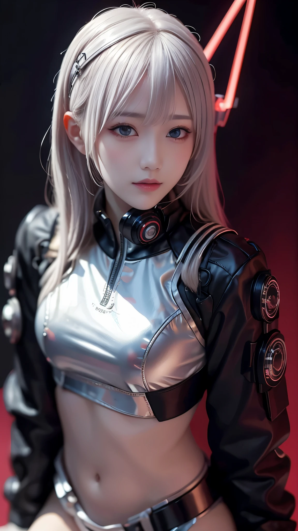 8K Ultra HD, masterpiece, Beautiful girl, Detailed eyes, Good face, Detailed eyesbrow, Cyberpunk outfit, White clothing, Cyberpunk, Cyberspace, Cyberpunk shining background, Neon Effect, Spreading Light, Red lighting, whole bodyキャプチャ,whole body