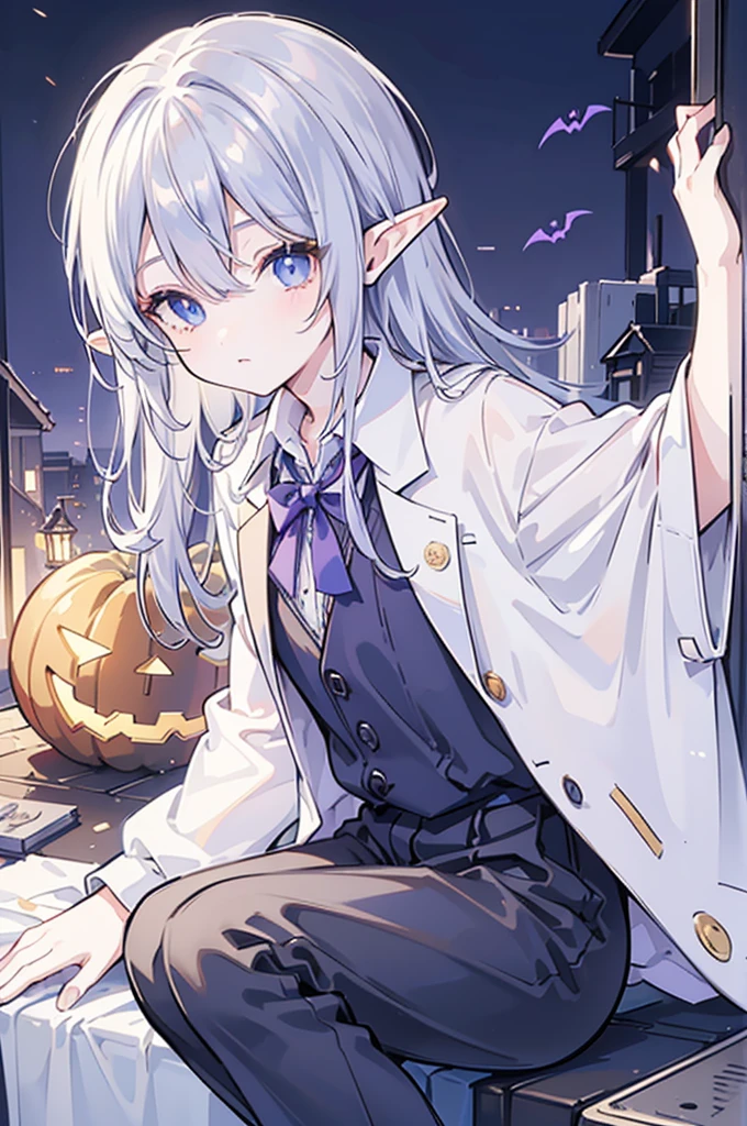 Heterochromia iridis, Dark blue right eye and dark blue-purple left eye,(Cool Male Elf), Silver straight hair, Wear a collared shirt and slacks, (Best Quality,4K,8k,High resolution,masterpiece:1.2),Super detailed, anime, Halloween