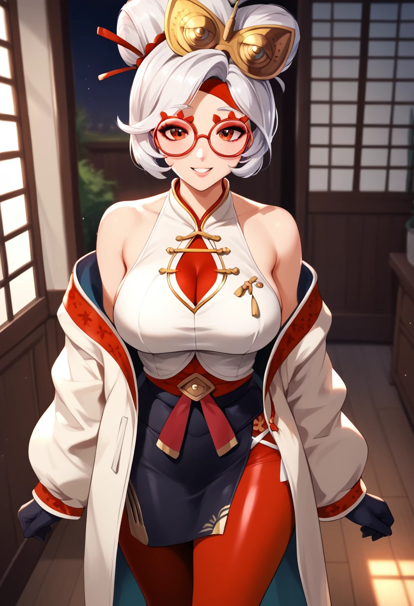 (masterpiece), (Best quality), (Very detailed), (high resolution), (8Khighres), (cel anime), (detailed beautiful face and eyes), (textile shading), (cowboy shot), (Japanese-style Room), purah, hair ornament, red headband, red glasses, sleeveless shirt, white coat, black skirt, red leggings, gloves, high heels, beautiful breasts, walking, smile,,