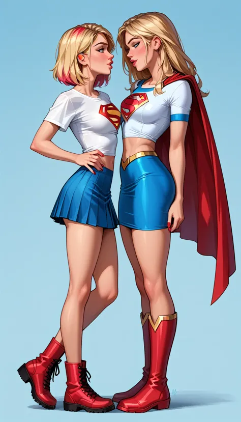 score_9, score_8_up, score_7_up, source_cartoon, 2girls, duo, couple, yuri, (supergirl, blonde, tight white tshirt, short sleeve...