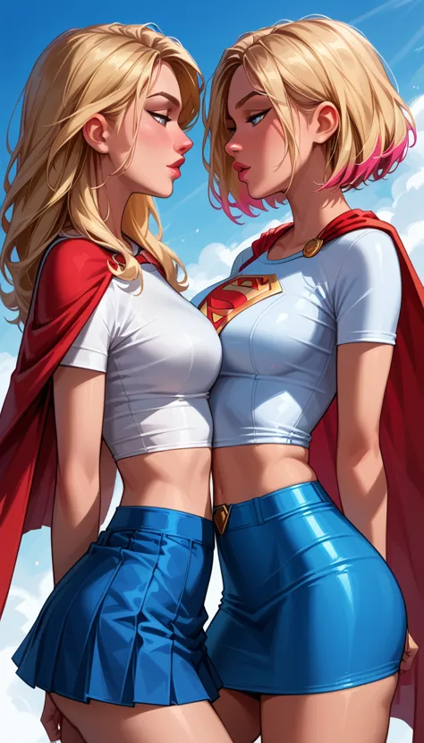 score_9, score_8_up, score_7_up, source_cartoon, 2girls, duo, couple, yuri, (supergirl, blonde, tight white tshirt, short sleeve...