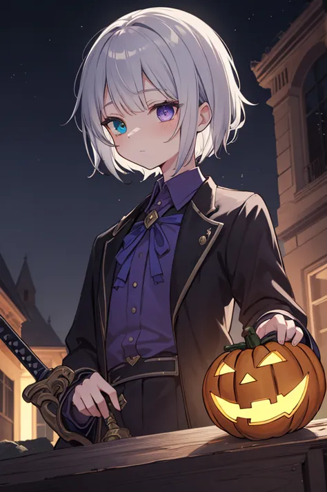 silver-haired dark wizard, heterochromia, blue eyes, deep purple eyes, wear a collared shirt, holding a thin sword in the moonli...