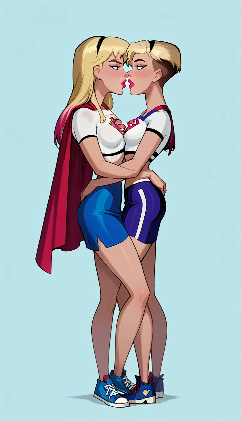 score_9, score_8_up, score_7_up, dcaustyle, source_cartoon, 2girls, duo, couple, yuri, (Supergirl, blonde, tight white tshirt, short sleeves, Supergirl emblem, midriff, blue skirt, tight skirt, short skirt, red cape:1.3) and (Spidergwen, short hair, blonde, colorful highlights, blue Converse sneakers:1.4), flirt, gaze, sexy look, half-closed eyes, filled lips, thick lips, makeup, side view, (full bodies in view), expressiveh d4rk01l, perfect hands, perfect proportions, simple background.