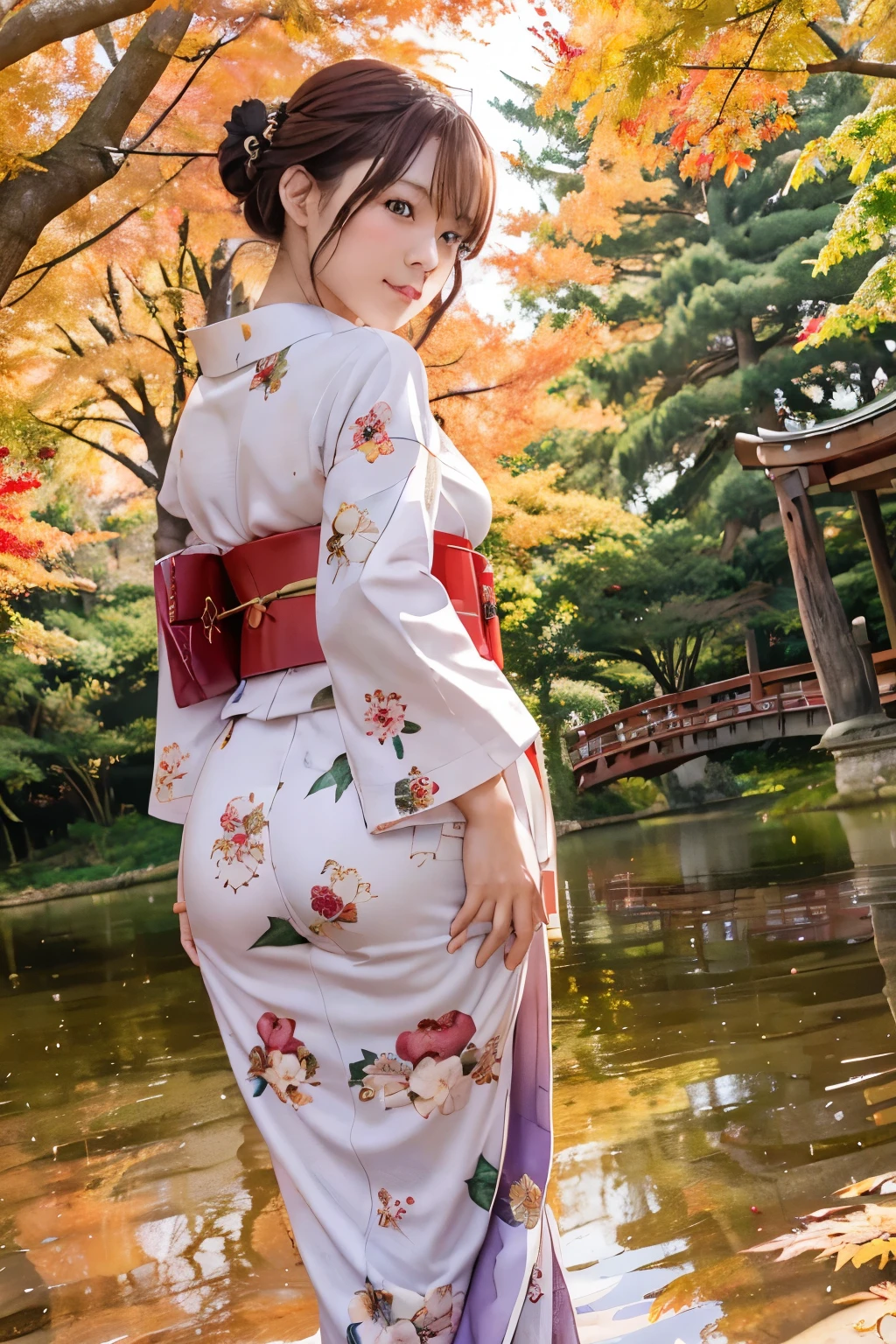 (fascinating buttocks), 8k, raw photo, best quality, hires, realistic, photorealistic, extremely detailed 8k wallpaper, beautifully detailed eyes, finely detailed face, 
 break 
rim lighting, 
 break 
five-storied pagoda:1.2, reflections, 
autumn trees and leaves, autumn setting, purple dusk, 
 break 
perfectly anatomically correct:1.0, 5 beautiful thin finger:1.0, 
 break 
1 girl leaning against crimson arched bridge:1.4, kawaii:1.1, very short hair bun:1.1, 
(symmetrical clear eyes, brown color eyes with captivating reflections), 
wide-set eyes, tareme, moderate eye bags, round face, round chin, seventeen, 
wearing edgJF_kimono, 
teary eyes, [melancholy smiling], 
looking back viewer straightly, 
beautiful ideal spherical shape buttocks:1.0, medium buttocks upturned:1.0, lifted soft buttocks:1.0, 
 break 
[sfw:1.0], 
 break 
(low angle shot:1.4, from below:1.4), from behind, bokeh:1.2