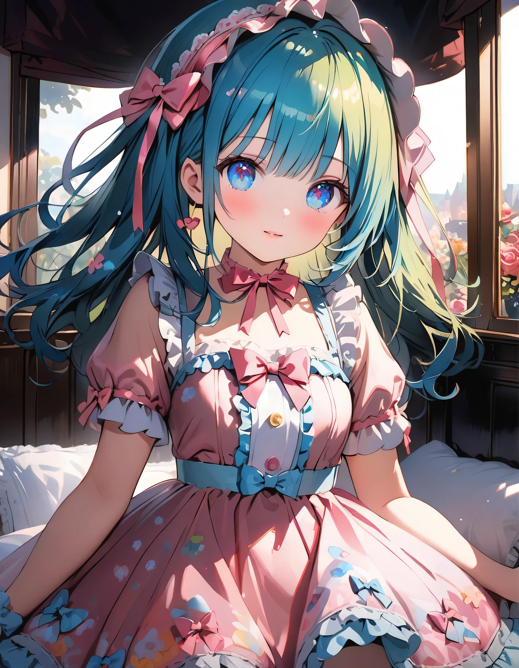 ((ultra quality)), ((ultra detail)), ((top quality)), pastel colored fluffy cute dress, frills and lace and ribbon, (sweety bedroom:1.2), cowboy shot, portrait, hyper detail face, hyper beautiful eyes, ((anatomically correct)), (((correct hand))), soft lights, soft edge, RAW photo, mixed technique of oil painting and watercolor, 