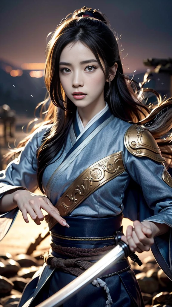 Magazine cover artwork, history channel theme, Glowing, two tone color hair, Glowing eyes, Mulan composed of red light, Mulan made up of black smoke, Black-haired Mulan，White-haired Mulan，Mulan with blue eyes glowing，Mulan，The eyes are green, Mulan in dark blue armor，Mulan in golden armor，a 3D render (Close-up of Mulan holding a sword), （A very long sword，Shining with cold light），（A sword with a dragon pattern），The surface of the sword is as smooth as a mirror，Cold light flashes，The hilt of the sword is inlaid with precious jade and wood，The upper body wears dark blue armor made of fish scales and iron， The armor was also inlaid with golden stars，floral embroidery，Cloak decorated in black and gold， Very long hair, Ebony hair, Big black eyes, Long eyelashes, Sexy red lips, Resolute expression, disney movie《Mulan》, Martial arts, Kungfu, Chinese exquisite clothing, ， 1 Mulan, Solo, Ancient wind，WABSTYLE STYLE, Background with: It was snowing heavily，It was snowing heavily，It was snowing heavily in the sky， Hurricane weather，vortex,,{{Masterpiece}}, {{{Best quality}}},{{Ultra-detailed}}, {{illustration}},{{Disheveled hair}},{{Masterpiece}},{{{Best quality}}},{{Ultra-detailed}}, {{{illustration}}},{{Disheveled hair}},Clear facial features,close up photograph,,Alphonse Mucha,Pixar style,Cartoon style,beatrix potter ,Refined atmosphere,Intense atmosphere, microscopic view,Close-up(CU),Extreme closeup,back Lighting,