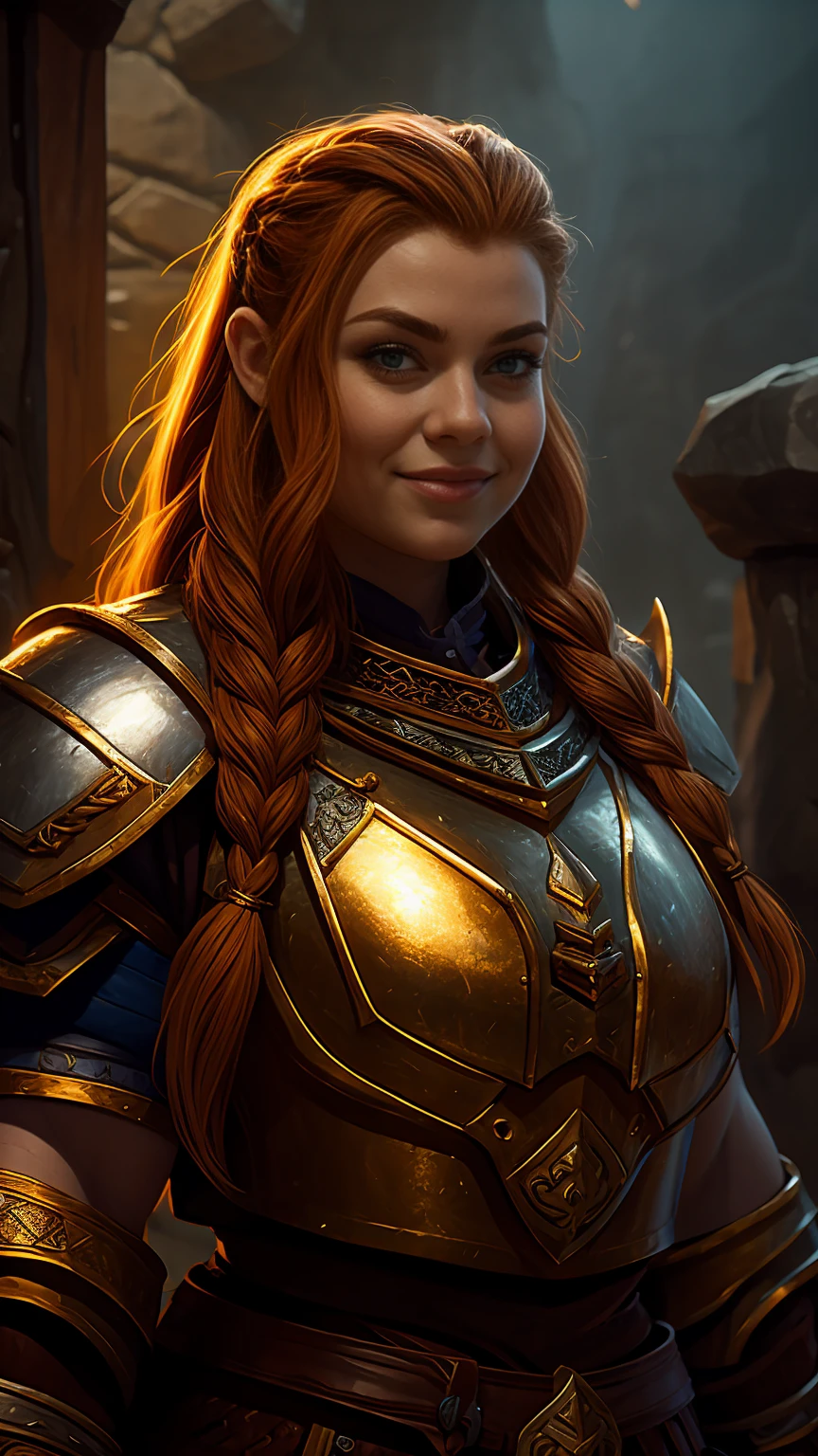 Ginger female dwarven adventurer, D&D character portrait, dramatic lighting, breastplate armor, long braided hair, strong muscled arms, busty