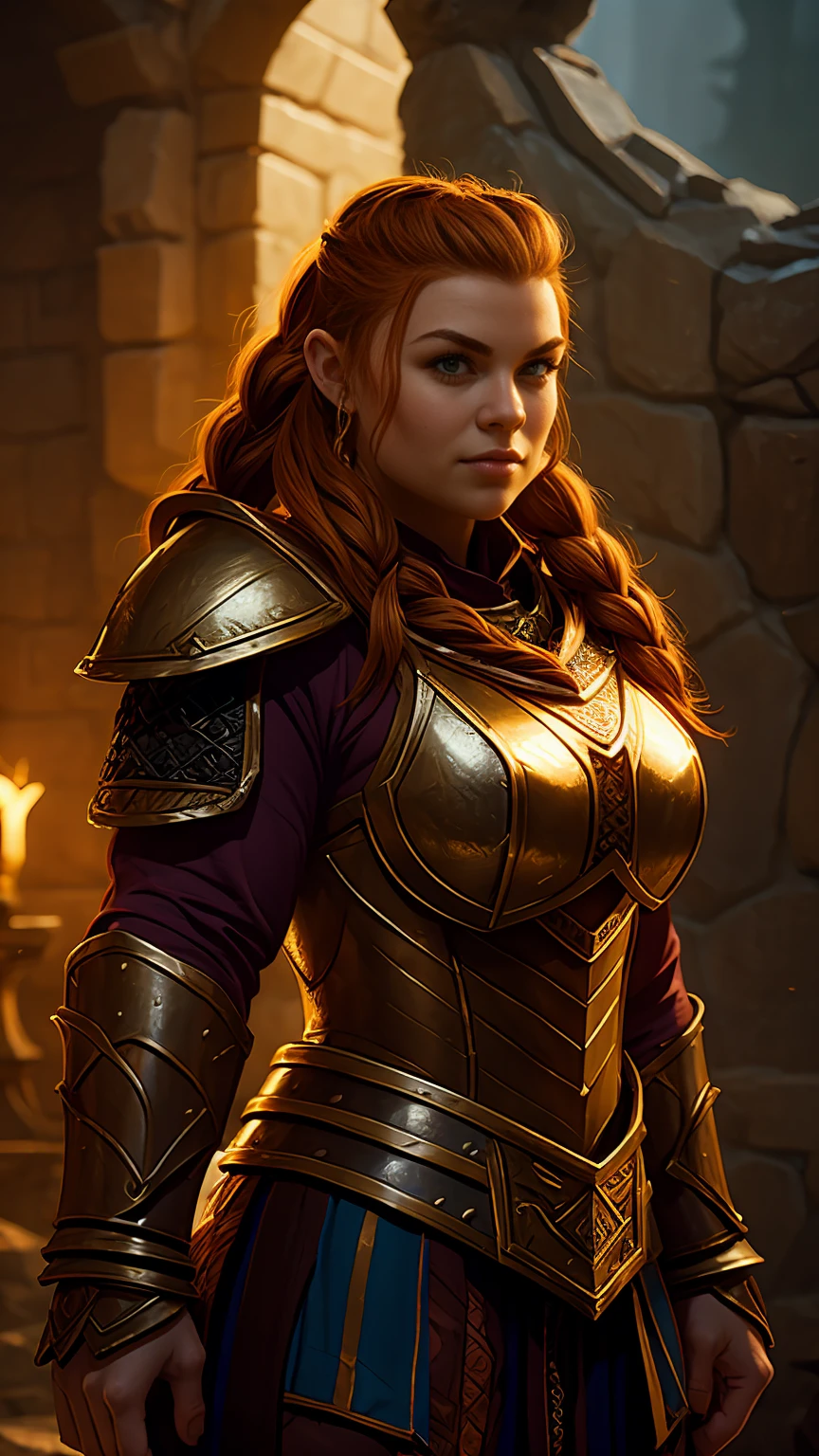 Ginger female dwarven adventurer, D&D character portrait, dramatic lighting, breastplate armor, long braided hair, strong muscled arms, busty