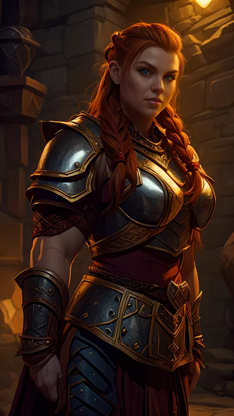 ginger female dwarven adventurer, d&d character portrait, dramatic lighting, breastplate armor, long braided hair, strong muscle...