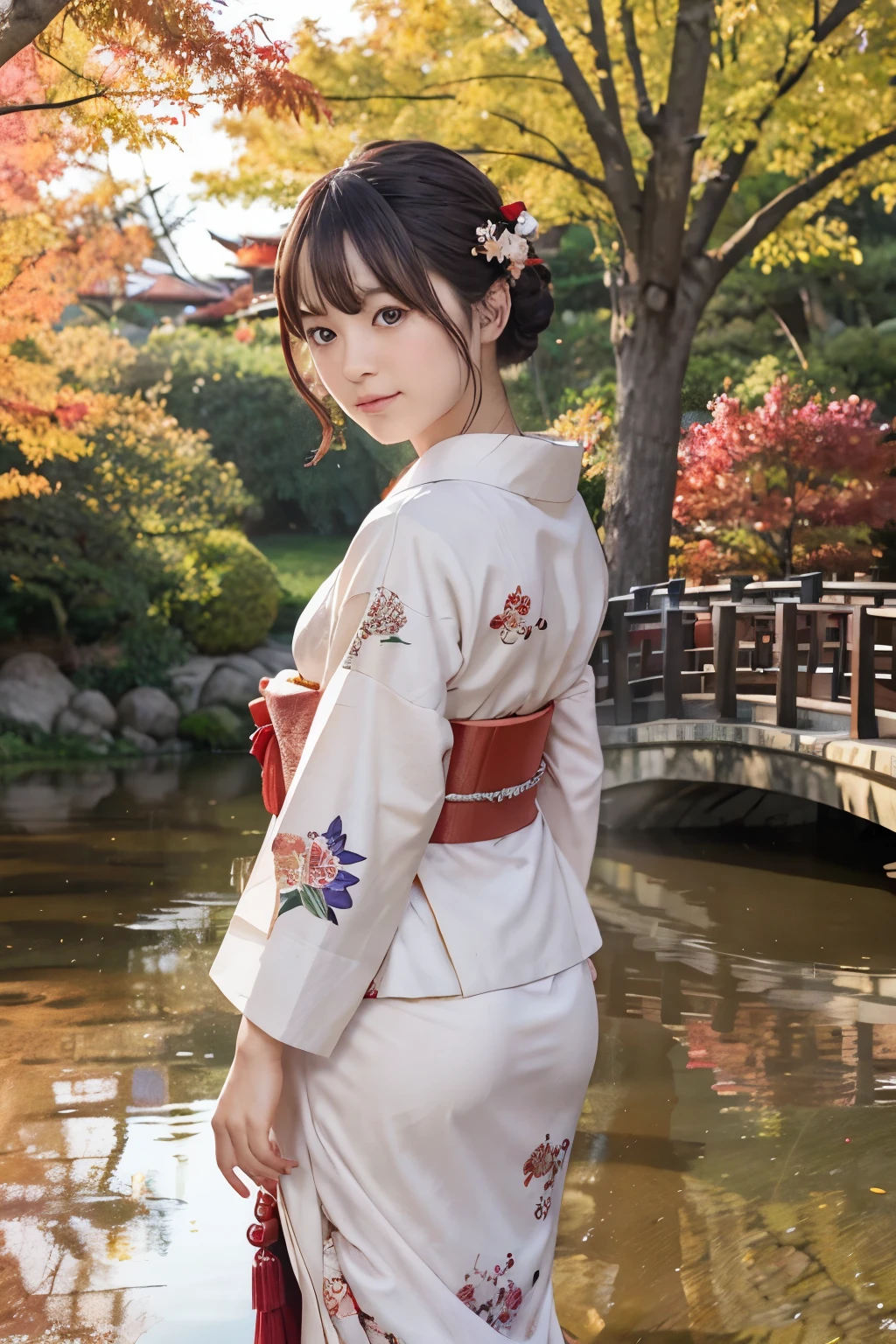 8k, raw photo, best quality, hires, realistic, photorealistic, extremely detailed 8k wallpaper, beautifully detailed eyes, finely detailed face, 
 break 
rim lighting, 
 break 
five-storied pagoda:1.2, reflections, 
autumn trees and leaves, autumn setting, purple dusk, 
 break 
perfectly anatomically correct:1.0, 5 beautiful thin finger:1.0, 
 break 
1 girl walking on crimson arched bridge:1.5, kawaii:1.2, very short hair bun:1.1, 
(symmetrical clear eyes, chocolate color eyes with captivating reflections), 
wide-set eyes, tareme, moderate eye bags, round face, round chin, seventeen, 
wearing edgJF_kimono, 
teary eyes, [melancholy smiling], 
looking back viewer straightly, 
[beautiful ideal spherical shape buttocks:1.0, medium buttocks upturned:1.0, lifted soft buttocks:1.0], 
 break 
[sfw:1.0], 
 break 
low angle shot:1.3, from below:1.3, from behind, bokeh:1.2