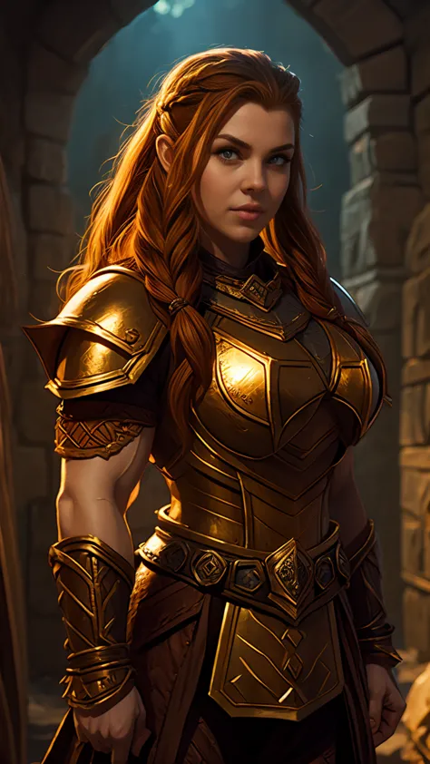 ginger female dwarven adventurer, d&d character portrait, dramatic lighting, breastplate armor, long braided hair, strong muscle...