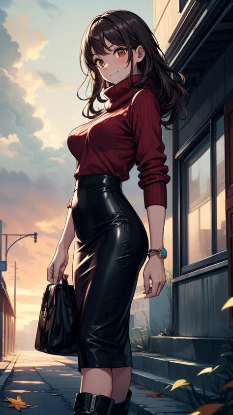 ((((masterpiece, best quality:1.8, high detail)))), beautiful woman walking, bright brown eyes, smile, solo focus, (((medium breasts))), long wavy hair, ((dark hair)), ((red sweater)), (scarf), ((black midi pencil ((skirt)))), ((long skirt)), boots, slim body, sidewalk, fall garden, (autumn leaves), (((atmospheric))), (((cloudy sky))), (((clouds))), bracelet, ((realistic)), ((realism)), ((ultra detailed)), view from side, 