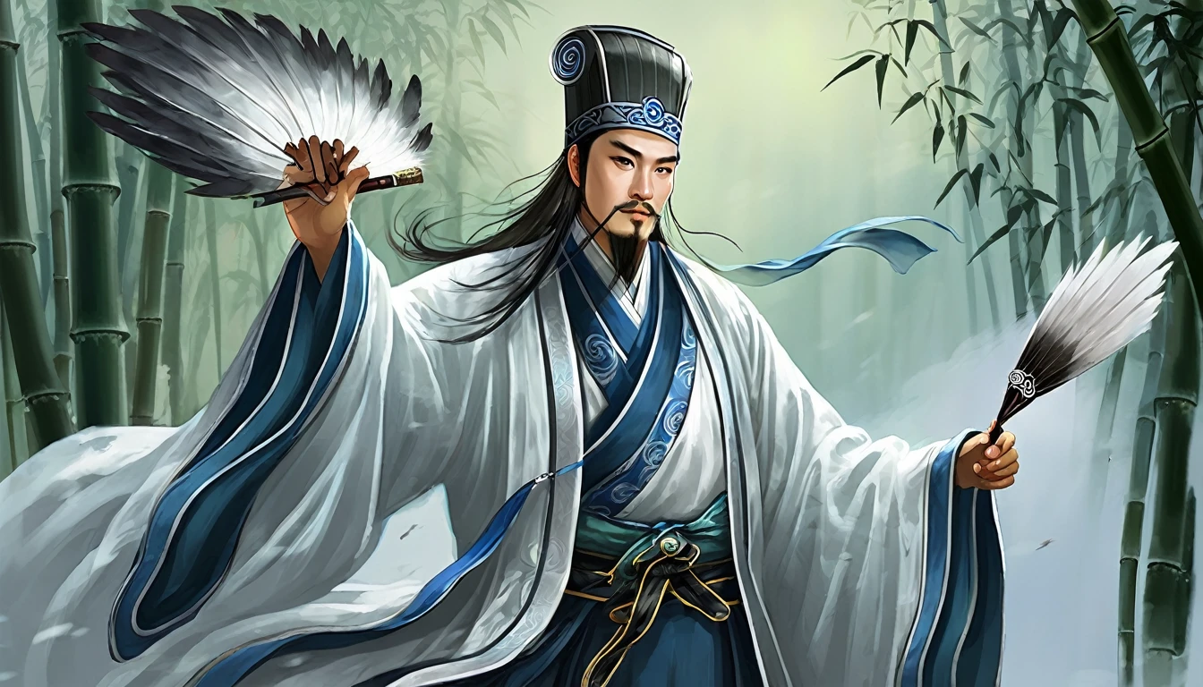 Wind Effects、bamboo forest、Digital Illustration, Ancient Chinese scholars, Traditional Costume, Embroidered Robe,  Zhuge Liang with the Dragon,  , White and blue palette, gesture, Serious expression, Attention to detail, Historical figures, Standing pose, Feather fan,  