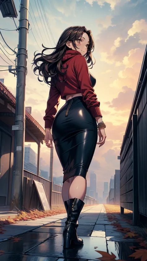 ((((masterpiece, best quality:1.8, high detail)))), beautiful woman walking, bright brown eyes, smile, solo focus, (((medium breasts))), long wavy hair, ((dark hair)), ((red sweater)), (scarf), ((black midi pencil ((skirt)))), ((long skirt)), boots, slim body, sidewalk, fall garden, (autumn leaves), (((atmospheric))), (((cloudy sky))), (((clouds))), bracelet, ((realistic)), ((realism)), ((ultra detailed)), view from behind, looking up