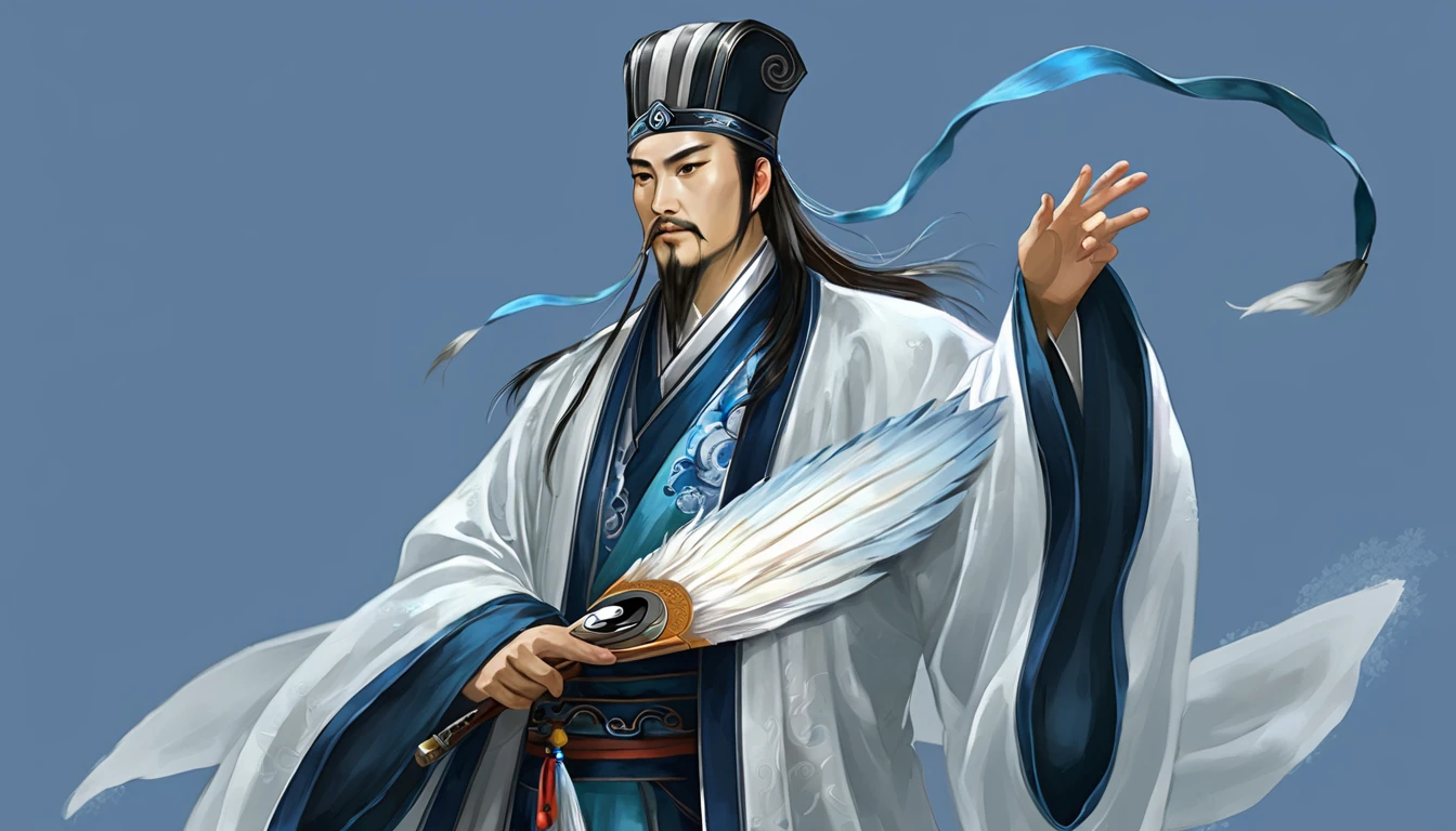 Rain effect、Digital Illustration, Ancient Chinese scholars, Traditional Costume, Embroidered Robe,  Zhuge Liang with the White Fox,  , White and blue palette, gesture, Serious expression, Attention to detail, Historical figures, Standing pose, Feather fan,  