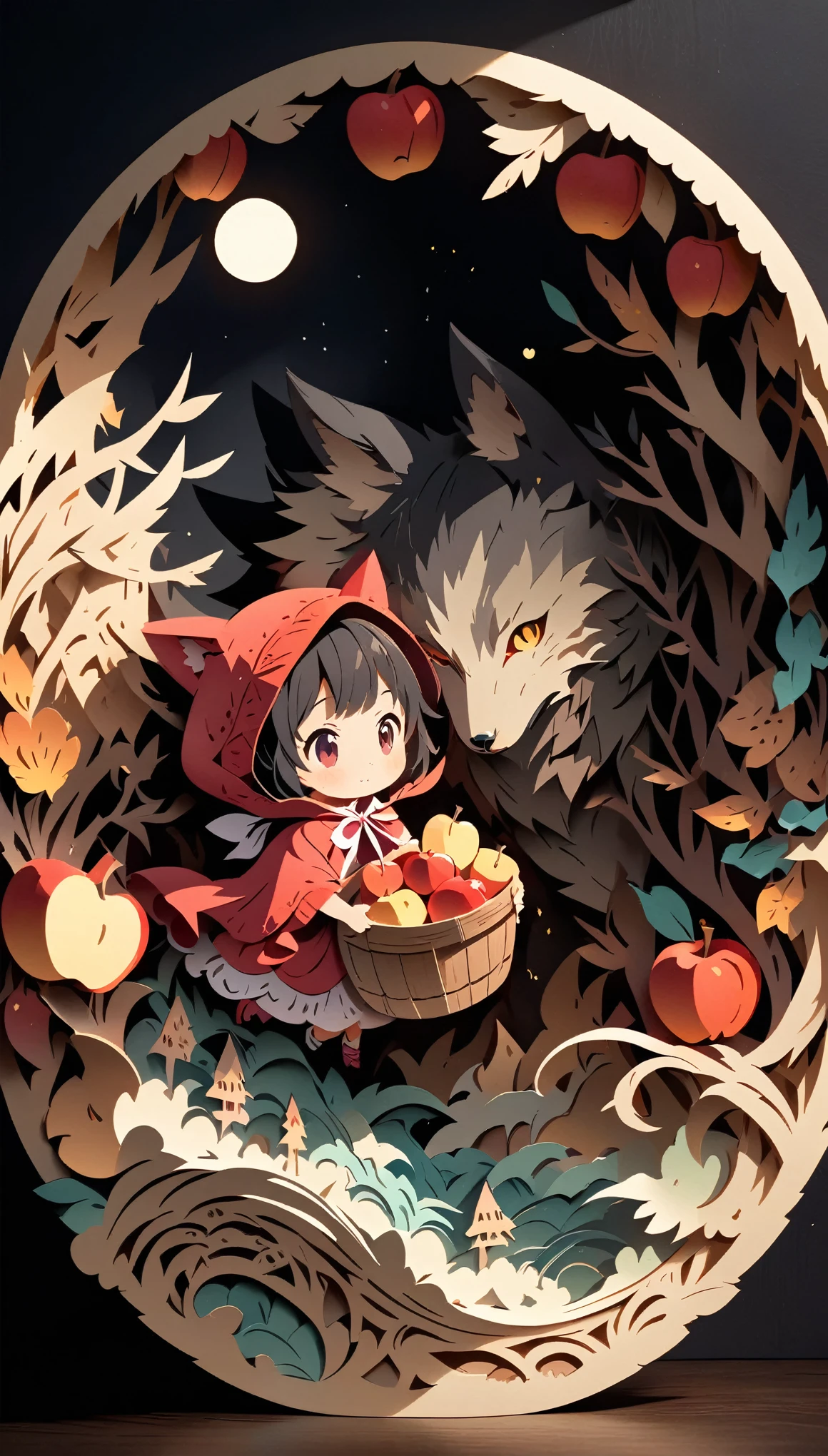 (masterpiece:1.2), (Best Quality:1.2), Ultra-high resolution, Very detailed, Perfect lighting, Little Red Riding Hood, Black Hair, Otherworldly fantasy, Wolf behind,cute, holding a wooden basket full of apples, Pastel colors, Paper cutting art,Flat paper cutout, Anime style illustration,Anime illustration, White background, PAPERCUT