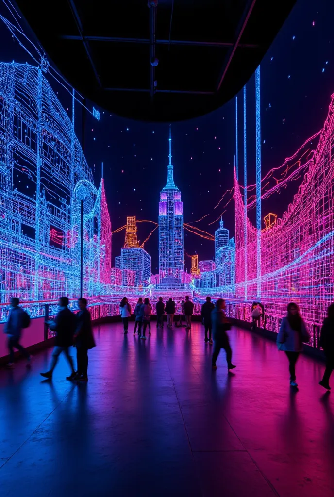 conceptual installation art, neon line art, city nightscape drawn with only dots and lines, break delicate and dynamic textures,...