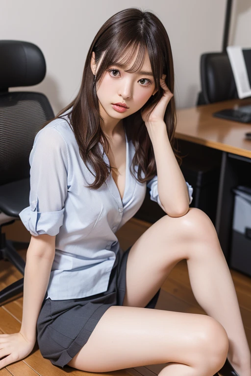 (1 person、Alone), Beautiful woman, (Anatomically perfect body, thin、(OL, Officeレディ:1.2)、business suit、 (Look Down:1.2), (Best Quality), Black Hair, (Half up:1.2), ((Office))、(8k, High resolution), Small breasts, (thin脚、Small Ass), High resolutionの顔, (Highly detailed panties), (Sitting on the floor:1.3)、(Have a knee、Knees to chest:1.1), (High heels)