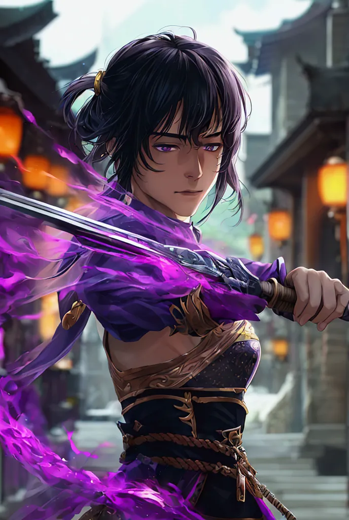 "make an anime version of a man using dark purple magic, show him as handsome, . not long hair with art style romance fantasy an...