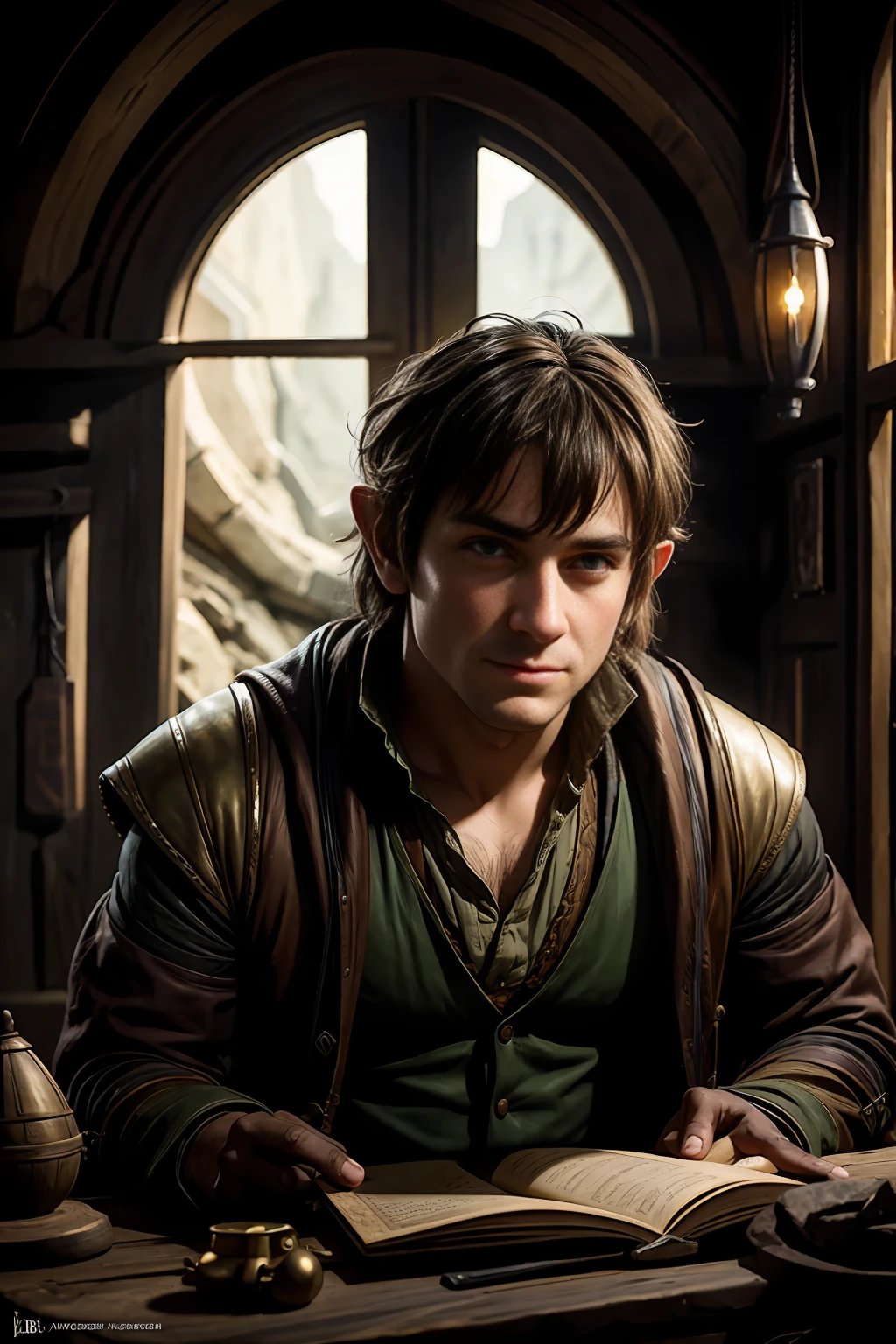 Male Hobbit spy, D&D character portrait, dramatic lighting, 