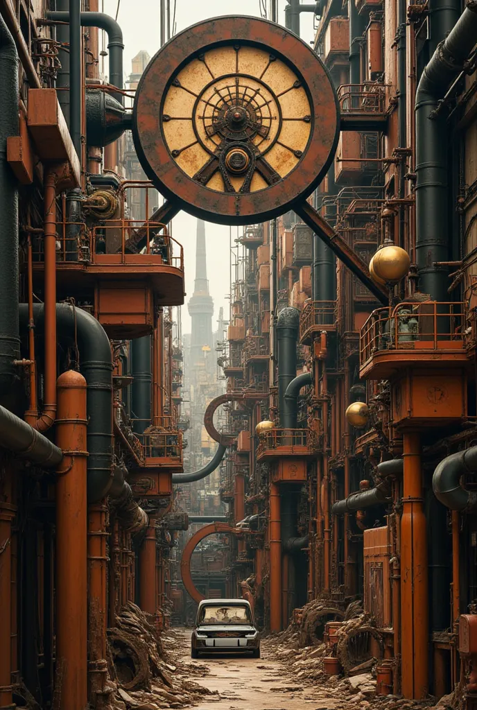 conceptual installation art, dead city landscape paintings, lots section, steampunk, dieselpunk, clockpunk, cyberpunk, and more,...