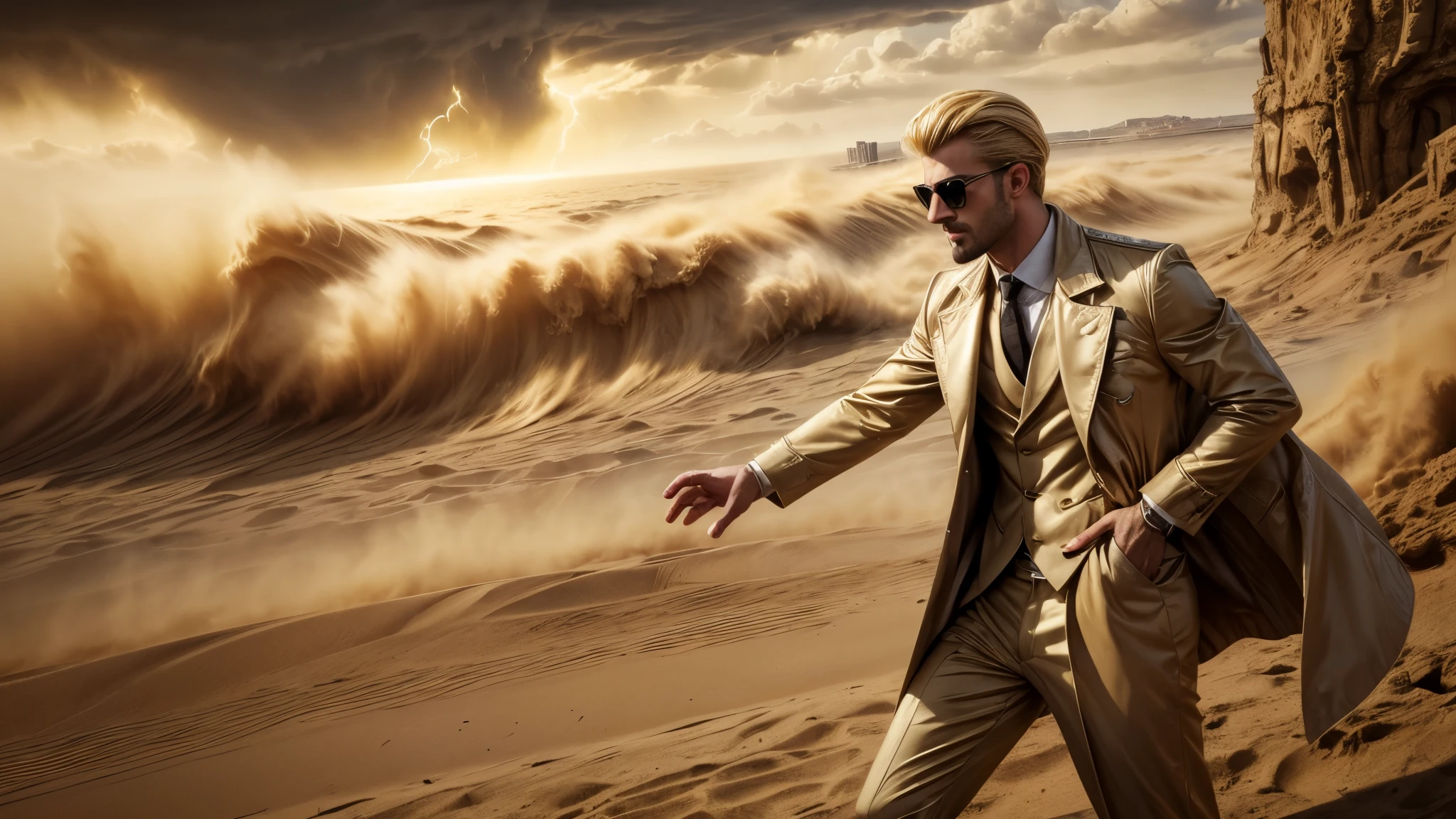 masterpiece, best quality, extremely detailed, hyperrealistic, photorealistic, a cool 30s arabic man, pale skin, ultra detailed face:1.1, yellow trench coat, suits, blonde hair, swept back hair, sunglasses, sly smile:1.1, strenuous movements, from below, dynamic angle, cityscape, sandstorm, tornado
