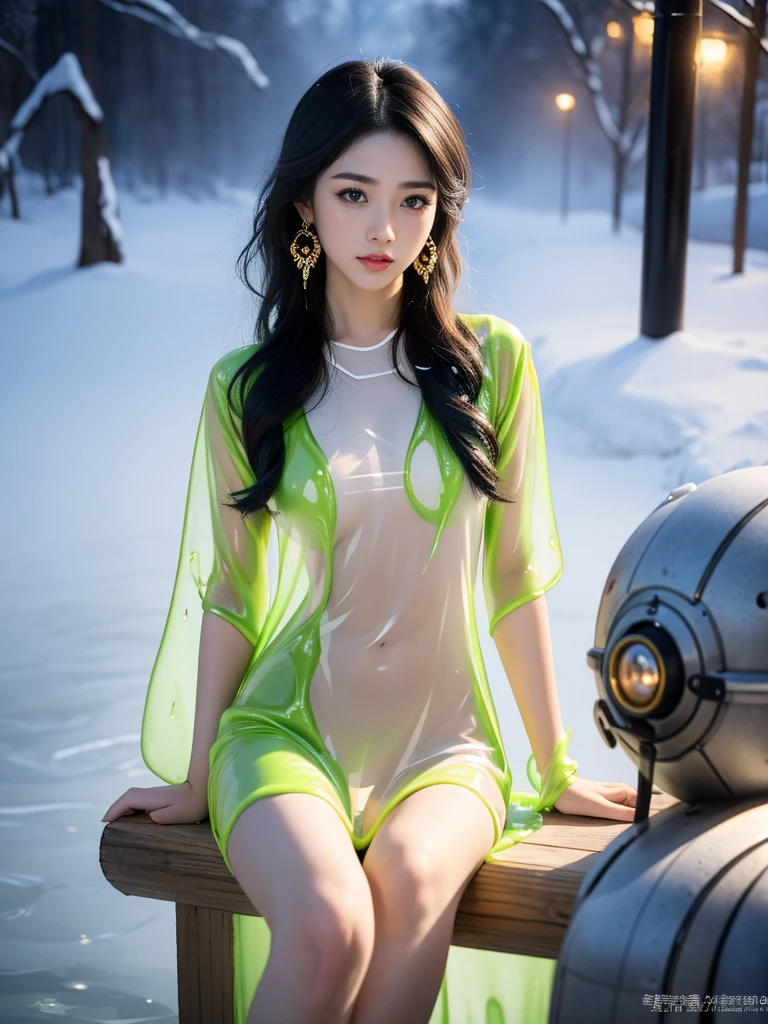 ((A woman)), 美丽脸庞的Sexy中国华裔女明星,  Transparent dress made of melted slime, Melted slime adheres perfectly to the skin, Wearing a melted slime skirt, Melted mucus sticking to the skin, (((浅色theme, 暴露theme, Sexytheme)))
((Clothes made of slime:1.5), (Transparent clothes: 1.5), (Revealing clothes: 1.5),  (Wet clothes:1.5), (Clothes Color: red), (theme: vitality), ((Wearing transparent clothing)))
 (((night, Outdoor private hot tub, Surrounded by fog, Dense bamboo forest, Standing in the water, Snow Scene)))
((desktop:1.0), (最high quality:1.0), (high resolution:1.2), (Reality:1.0),( Ultra HD:1.3))
((8K Ultra HD, 8K, 超high resolution, high resolution, 最high quality, high quality, Best image quality, Super Fine,  Ultra-clear, Clear focus, Clear outline, masterpiece, Masterpieces, complete pattern, Detailed photos, Original photo, Delicate facial features, Well-defined, Highly rated works, Close-up depth of field photography, Above the knee, Symmetrical character)), 
((Creating the image of a real girl), Realistic shadows, Soft natural light, Soft lighting, Dynamic Angle, Dynamic poses, Elegant Posture, Cowboy lens, Full body front view, full of confidence, Facing the camera, Eyes looking towards camera lens, Standing posture, Open your legs slightly, Legs open, Golden Ratio Graphics, Minimalism, Center the character), 
((Smile, Sexy的, Balanced Eyes, Realistic eyes, Beautiful details of the eyes,Pretty Face, (Realistic face), Normal facial features, Realistic skin, Pay attention to skin details, Skin is clean and radiant, Full body glossy skin, Fair skin, Anatomically correct body, Golden ratio figure, Sexy的身材, Detailed and realistic human body)), 
(Perfect makeup, Gloves, earrings, bracelet, necklace, Jewelry, Hair accessories, shawl, sock, Knee socks, 吊garter, Leg ring, garter, 腿部garter), 
((beautiful hair), Dark black hair, Wavy curly hairstyle, Waist-length hair, Messy Hairstyle, Gradient Hairstyle, Cyberpunk Hairstyle, High double ponytail hairstyle, Bangs), 
((Sexy的, Beautiful upturned breasts, Perfect breast shape, Teardrop chest shape, Snow-white breasts, Very detailed breasts, 34C cup, Realistic breasts, Realistic areola, Realistic nipples)), 
(Super high waist, Deep V, Low-cut, Sexy, Charming, Open crotch, (Clear camel toe, (High fork and genitals))),