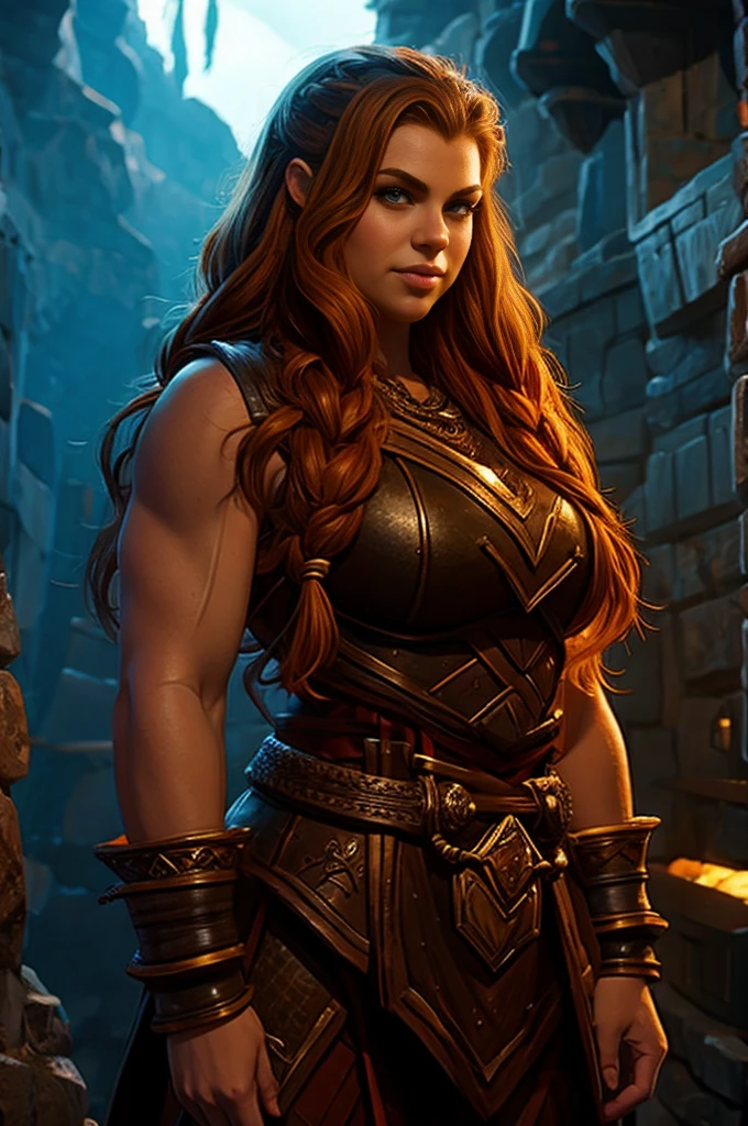 Ginger female dwarven adventurer, D&D character portrait, dramatic lighting, long braided hair, strong muscled arms, busty, naked, nude, hairy armpits, armpits