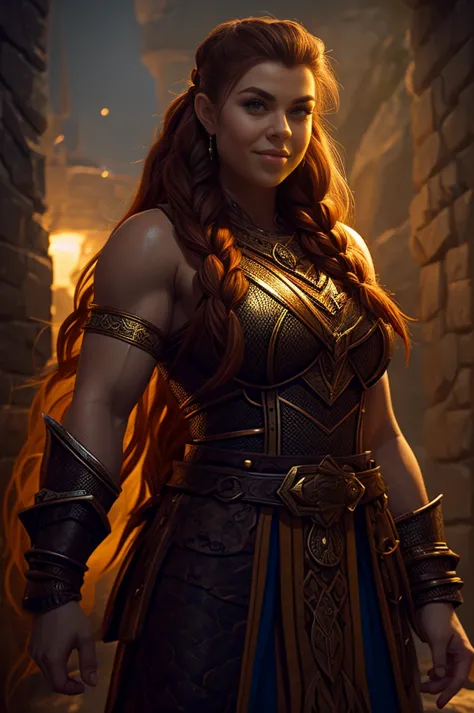 ginger female dwarven adventurer, stocky, d&d character portrait, dramatic lighting, long braided hair, strong muscled arms, bus...