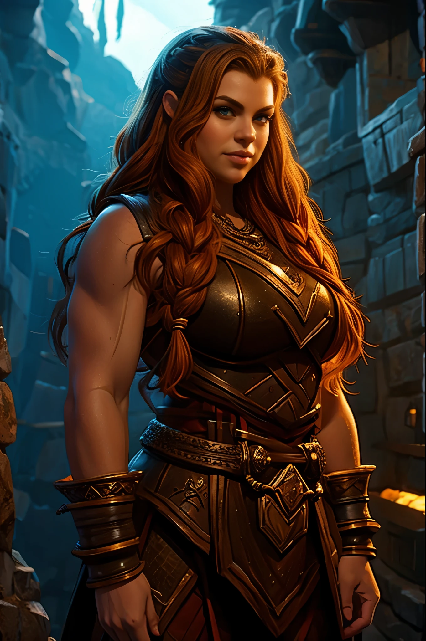 Ginger female dwarven adventurer, D&D character portrait, dramatic lighting, long braided hair, strong muscled arms, busty, naked, nude, hairy armpits, armpits