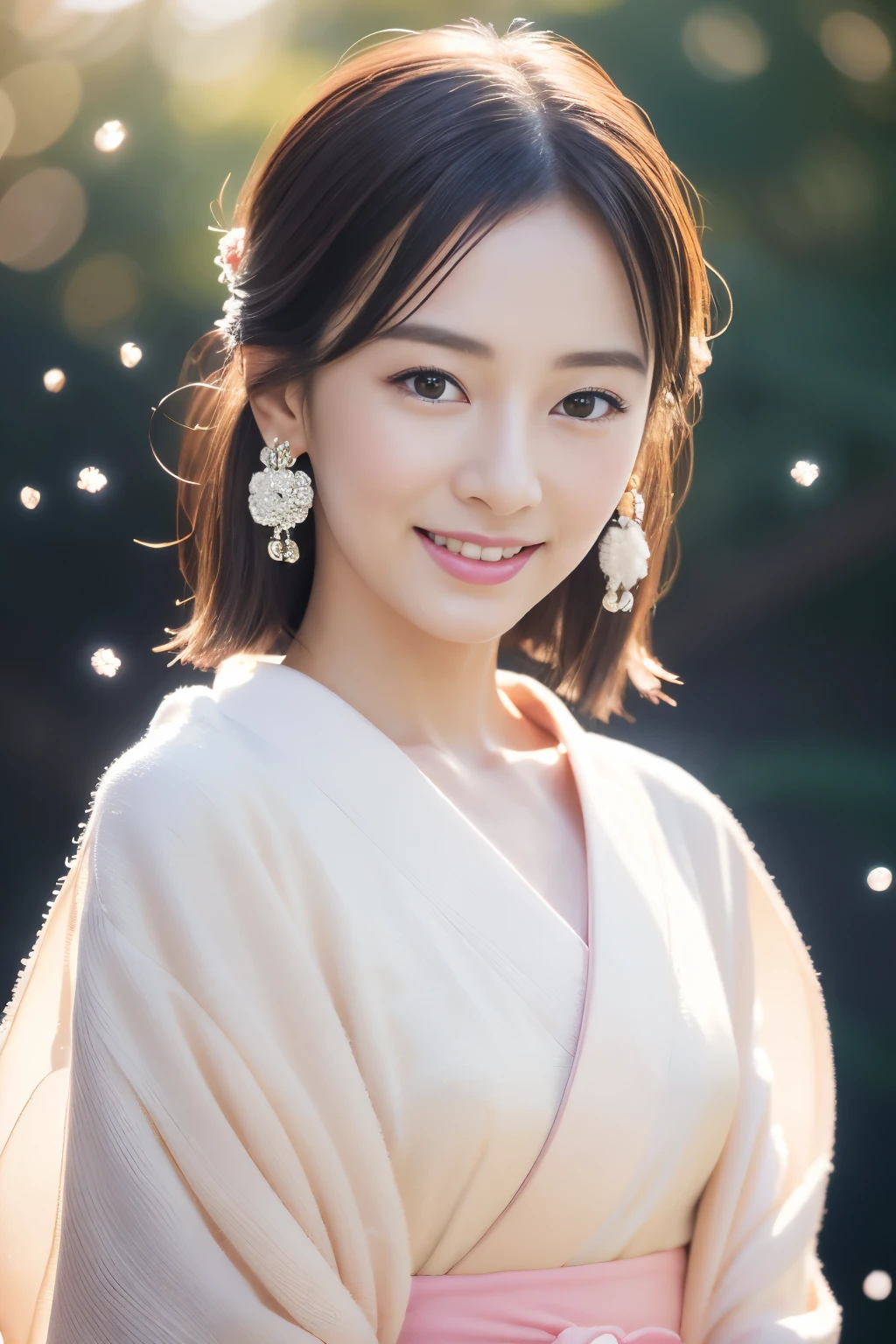 Realistic photos, Beautiful Eyes, A refreshing smile, Flowing black hair, Elegant kimono, Snow Background, Calm expression, Soft lighting, Traditional Japanese art style, Vibrant colors, Peaceful atmosphere, Delicate features, Graceful posture、like、Pink lipstick、Pink kimono、Earrings