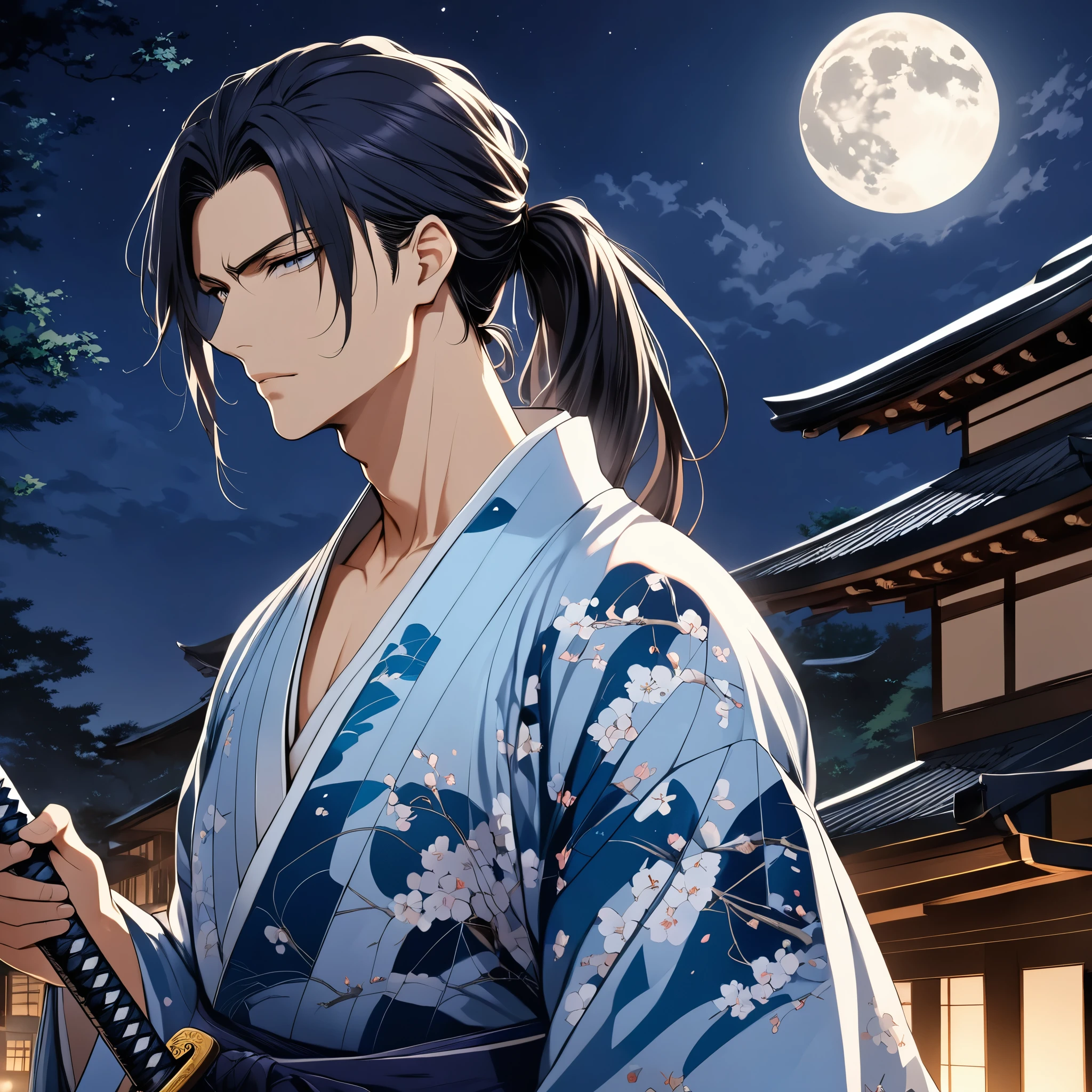 (masterpiece, Best quality:1.2), 1 boy, One, long hair, gathered in a ponytail, open torso, in a kimono, near the sakurch, moonlit night, katana 