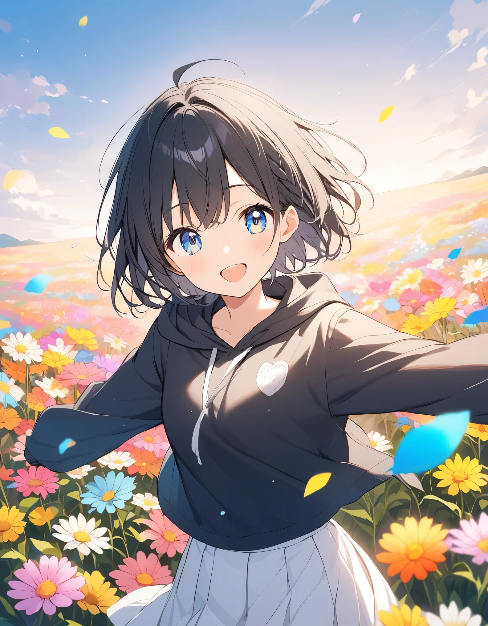 Black Hair、Short Hair、Black hoodie、White Skirt、Colorful flower field、Open your arms、Teary-eyed、smile、Keep waiting