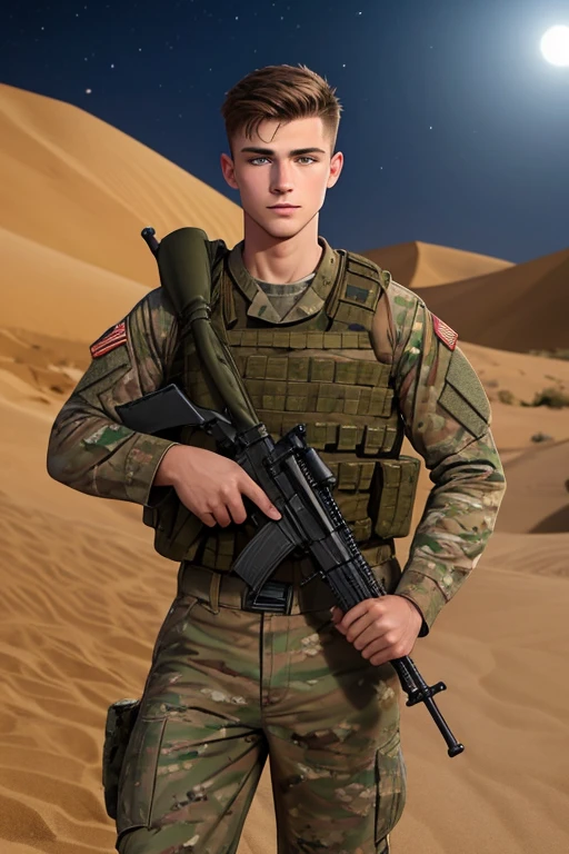 Photo realistic. A handsome, twenty-four-year-old, fit Caucasian male soldier, with fade-cut, brown hair, and blue eyes, shirtless, wearing camouflage cargo pants, in an army camp, in a middle eastern desert, at night.