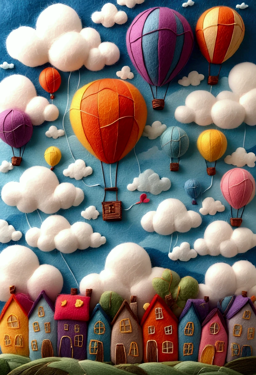 very strong felt style: 3d.there is a picture of a colorful picture of a house and a 热balloon, hot air balloon, 就像balloon, Colorful Clouds, Colorful scene, Details and vivid colors, Lovely detailed illustrations, 热balloon, floating in the air, floating In the sky, up, Whimsical and cute, In the sky, balloon, Cute and whimsical, High Detail