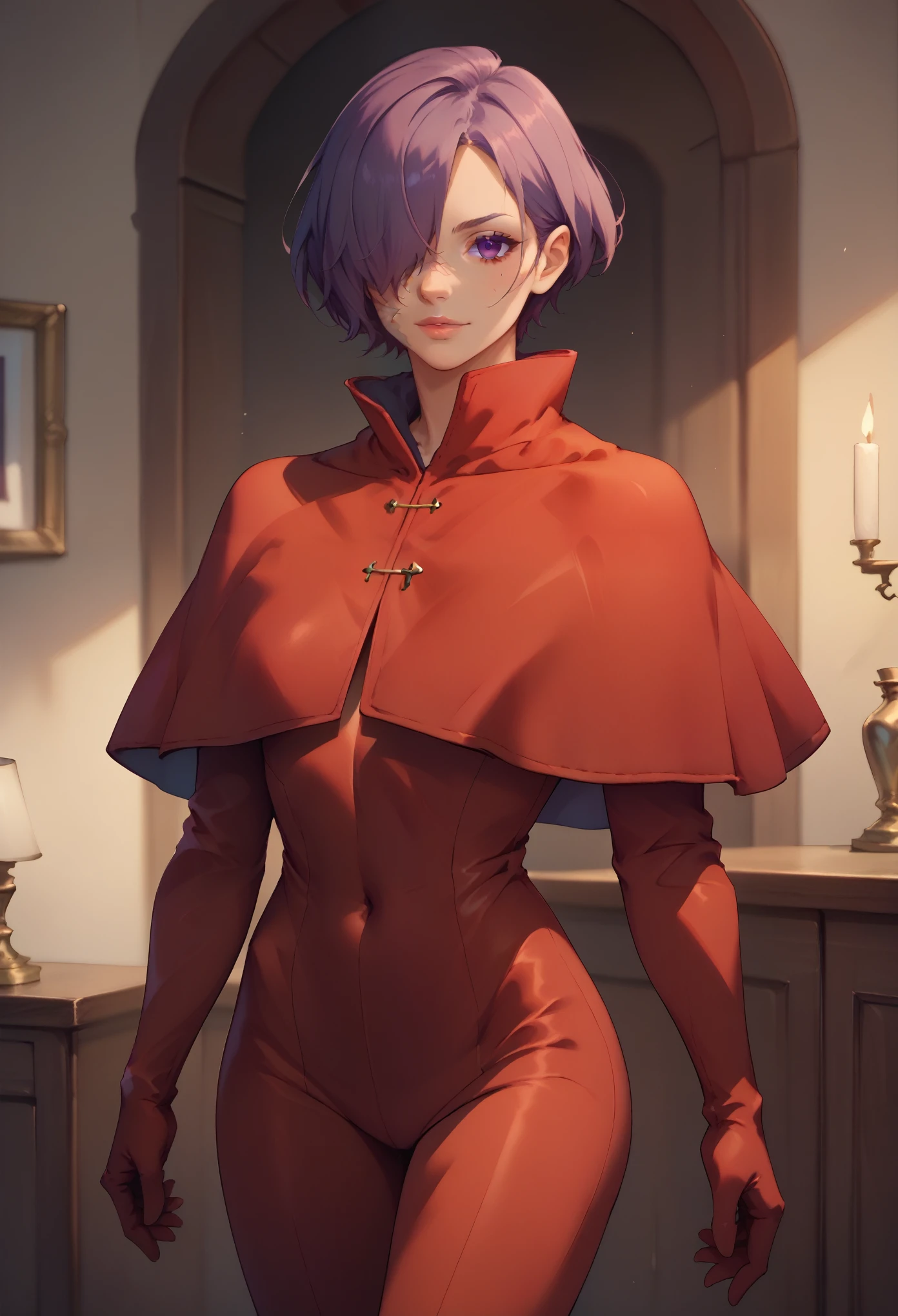 a realistic photo, (tall, slender, perfect rounded middle chest, very short hair neatly combed, ash purple, thin graceful waist, long slender legs), look at you, (a haughty, domineering look), zPDXL2, hanako ikezawa, hair over one eye, purple eyes, scar, purple hair, DynaPortrait_PDXL, spanish inquisition