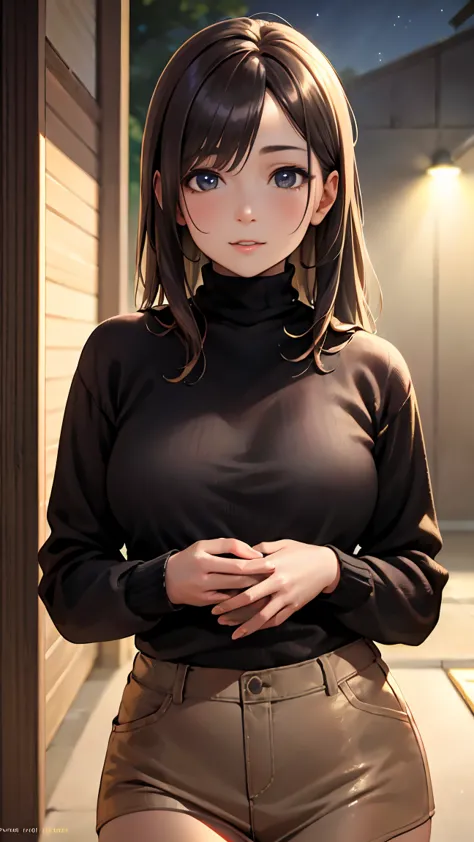 product quality, 1 girl, cowboy shot, front view, mature and cute japanese woman, at night, wearing a black knitted turtleneck s...