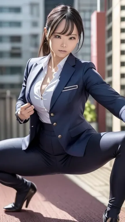 a woman in a business suit is kicking in front of the city, 自信に満ちたaction pose, ドラマチックなpowerful pose, strong stance, action pose,...