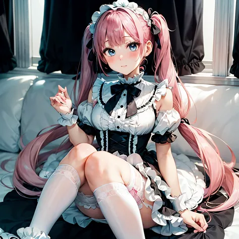 "a cute anime-style girl with pink hair styled in large, tied twin tails, light blue eyes, wearing a frilly gothic lolita fashio...