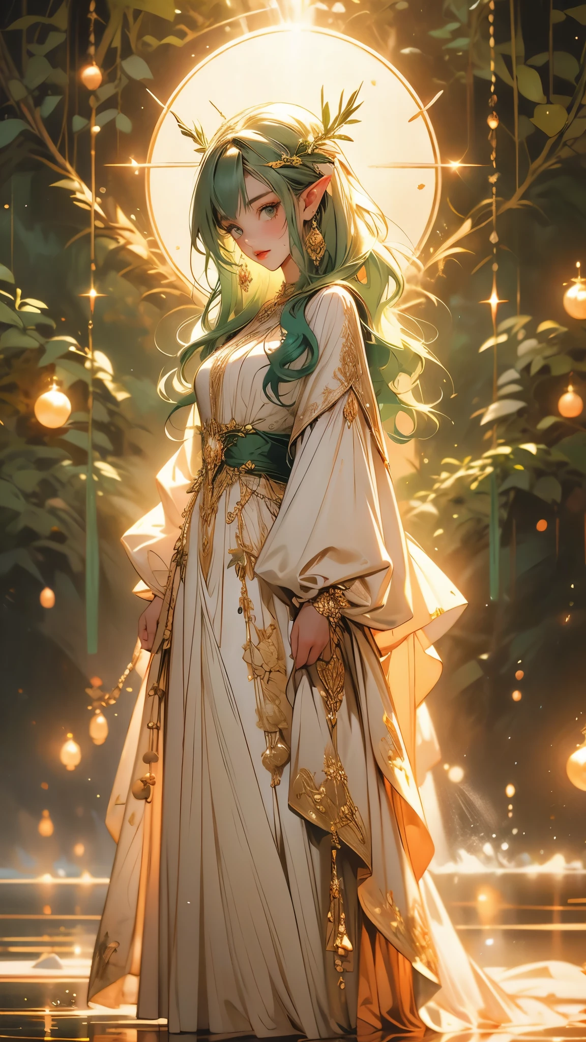 ((Masterpiece)), envision a 8k, highres, cinematic, extremely beautiful semi realistic full body pinup standing pose of a beautiful Goddess with a shy expression, slender body, ((soft face)), ((really long dark Pine Green hair)), side locks, choppy bangs, round face, long sweeping bangs, ocean blue eyes, soft lips, lip gloss, thick eyebrows, round face, (elf ears), fairy, fairycore, nature dress, Golden Apple, Nature Vines, ((((1girl)))), in dark lighting, against a dark gray background