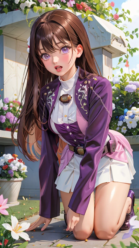 (Extremely detailed CG), (Best Quality), One Woman, Perfect Face,  Shiny skin, Shiny skin, Wide Hips, Narrow waist,  May,May,Purple Jacket,White Skirt, Straight Hair, Long sleeve, belt, Open your mouth a little, Brown Hair, Droopy eyes, On all fours,