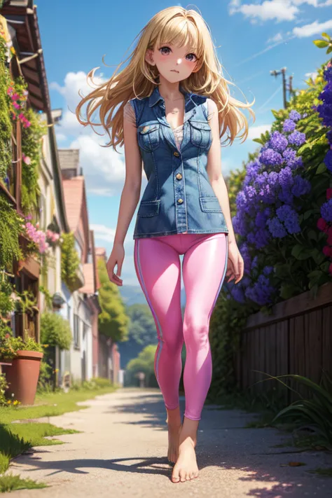  extremely beautiful eleven year old , blonde hair halfway down the back , blue denim vest open at the front , pink leggings , barefoot , full body , of coasts , walking through a garden of blue flowers , by day , sunny day 