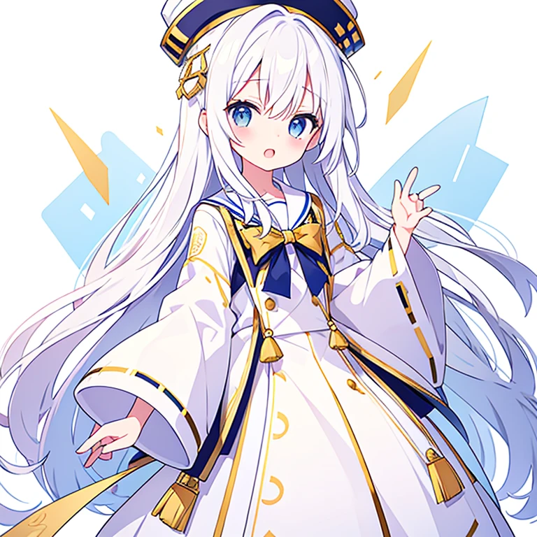 Mouth open、Pure white background、tachi-e、Standing still、Hands at sides、White hat with gold decoration、Long white hair、Sailor&#39;White uniform