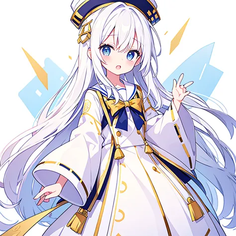 mouth open、pure white background、tachi-e、standing still、hands at sides、white hat with gold decoration、long white hair、sailor&#39...